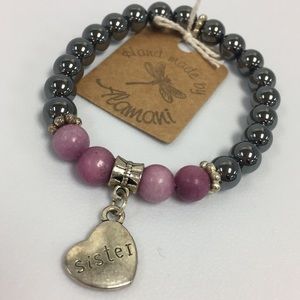 Handmade stone beads stretch bracelet with charm